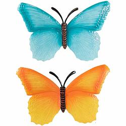 Foto van Set van 2x stuks tuindecoratie muur/wand/schutting vlinders van metaal in blauw en oranje tinten 40 x 25 cm