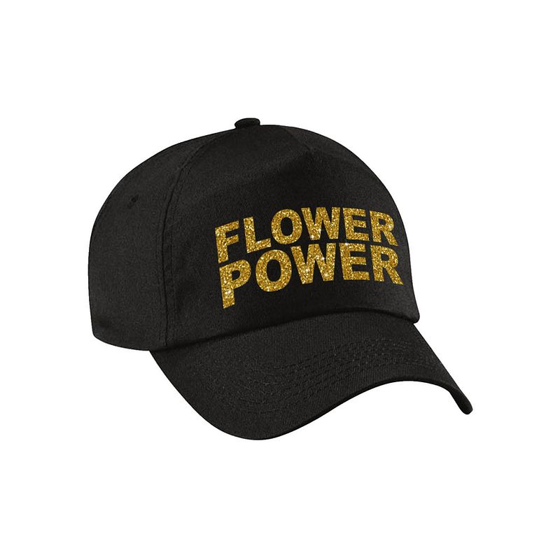 Foto van Gouden glitter letters flower power verkleed pet/cap zwart volwassenen - verkleedhoofddeksels
