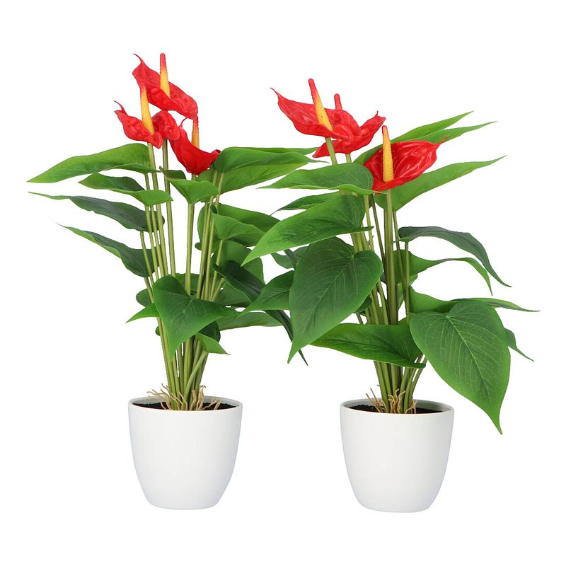 Foto van Kopu® 2 stuks anthurium kunstplant 40 cm - 3 bloemen - flamingoplant