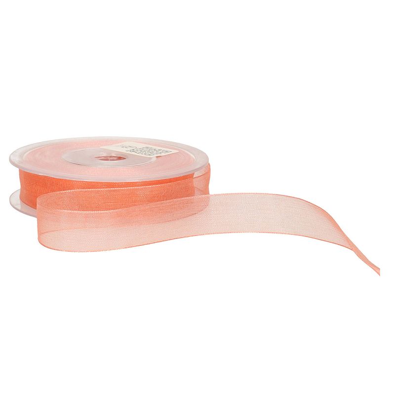 Foto van 1x hobby/decoratie koraal roze organza sierlinten 1,5 cm/15 mm x 20 meter - cadeaulinten