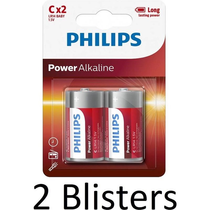 Foto van 4 stuks (2 blister a 2st) - philips power c/lr14 alkalinebatterij