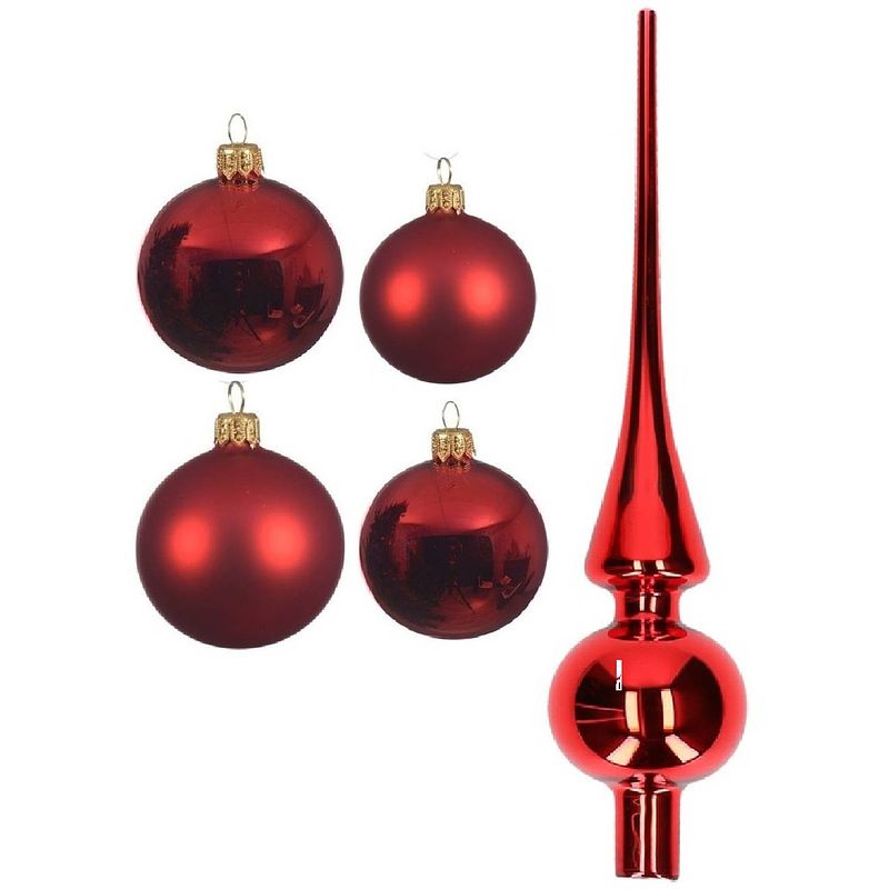 Foto van Glazen kerstballen pakket kerstrood glans/mat 38x stuks 4 en 6 cm met piek glans - kerstbal