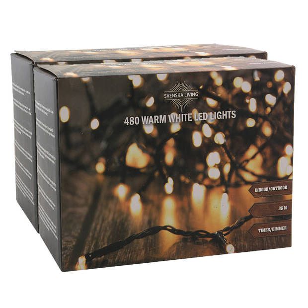 Foto van Set van 2x stuks kerstverlichting warm wit 480 lampjes 3600 cm - kerstverlichting kerstboom