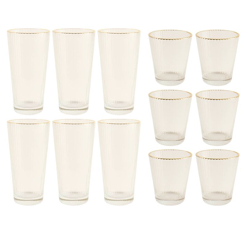 Foto van Otix waterglazen longdrink glazen set van 12 stapelbaar 350ml 400ml met gouden rand reliëf ribbel transparant glas