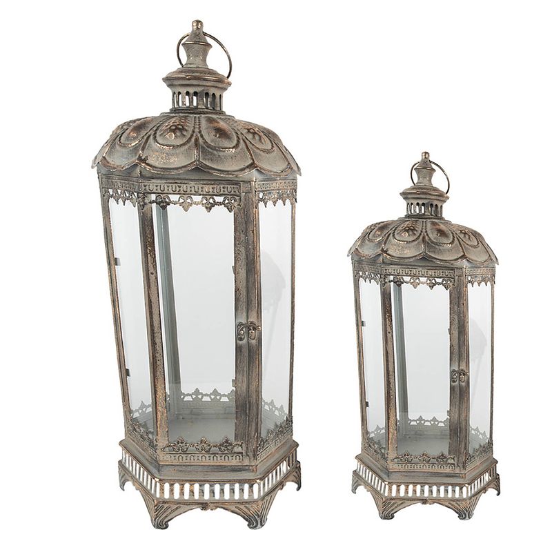 Foto van Clayre & eef lantaarns set van 2 62 cm goudkleurig metaal glas kaarsenhouder sfeerverlichting goudkleurig kaarsenhouder