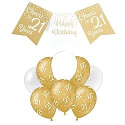 Foto van Paperdreams luxe 21 jaar feestversiering set - ballonnen & vlaggenlijnen - wit/goud - feestpakketten