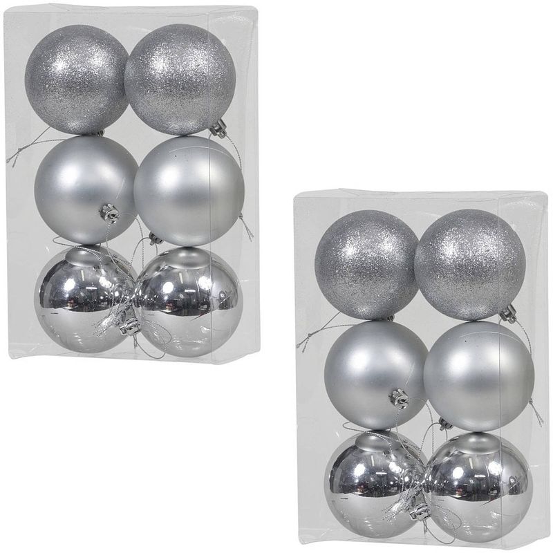 Foto van 12x zilveren kunststof kerstballen 8 cm glans/mat/glitter - kerstbal