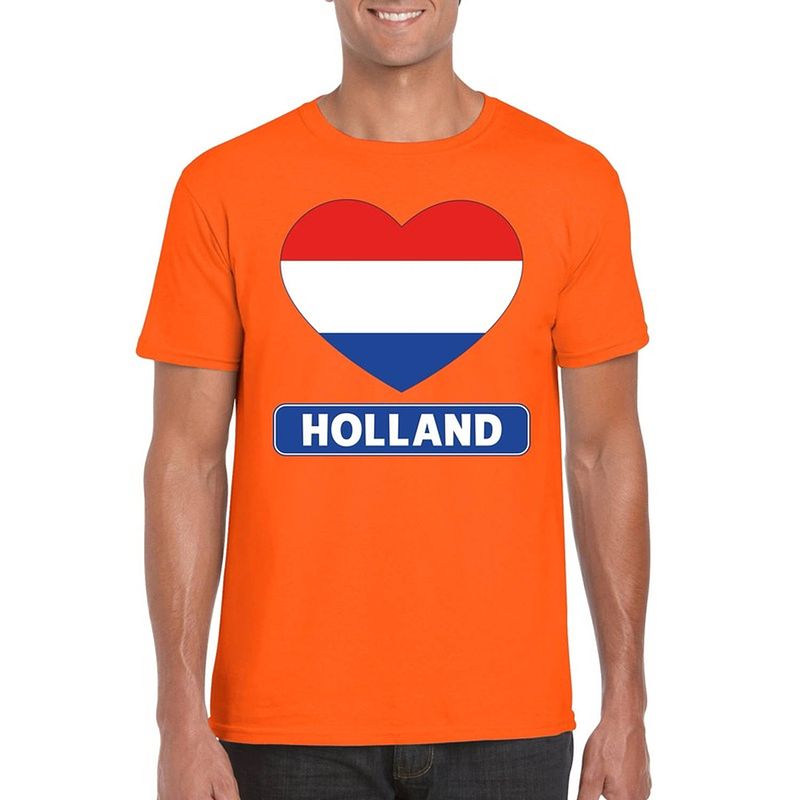 Foto van Oranje holland hart vlag shirt heren - oranje koningsdag/ holland supporter kleding s