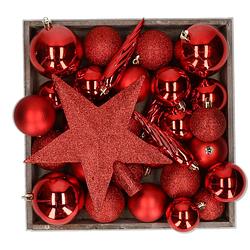 Foto van Kunststof kerstballen - 45x stuks - met ster piek - rood - kerstbal