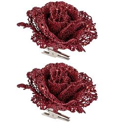 Foto van 2x stuks decoratie bloemen roos rood glitter op clip 10 cm - kersthangers
