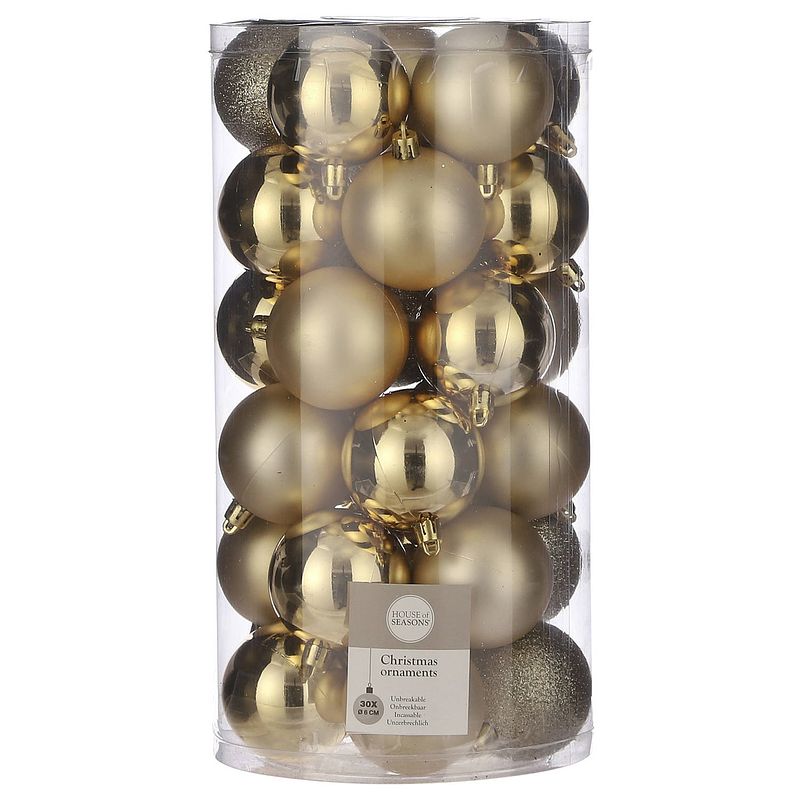 Foto van 30x kunststof kerstballen goud 6 cm - kerstbal