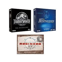 Foto van Spellenset - 3 stuks - jurassic world the boardgame & het jachtseizoen & expeditie robinson de eilandraad