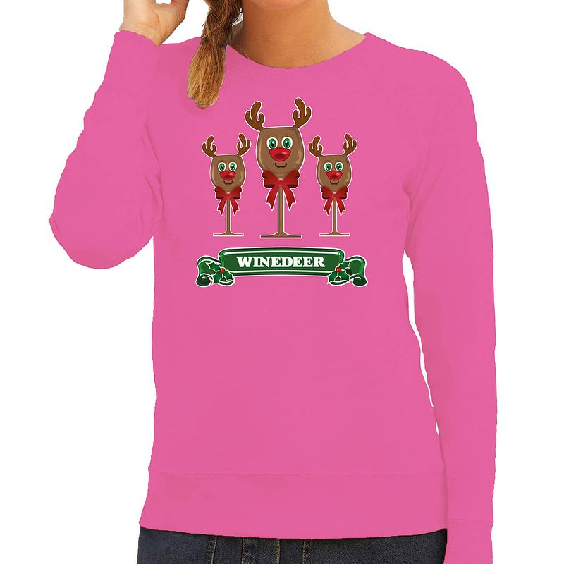 Foto van Bellatio decorations foute kersttrui/sweater dames - winedeer - roze - wijn - rendier - rudolf xs - kerst truien