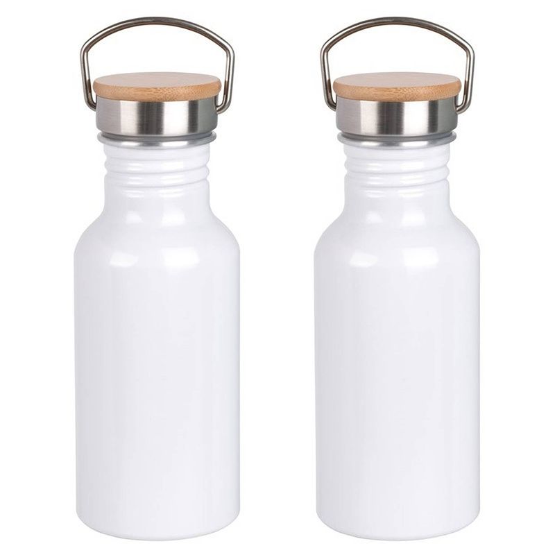 Foto van 2x stuks aluminium waterfles/drinkfles wit met bamboe schroefdop 550 ml - drinkflessen