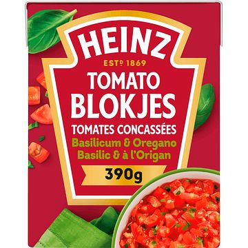 Foto van Heinz tomaten blokjes basilicum & oregano 390g bij jumbo