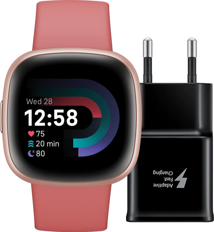 Foto van Fitbit versa 4 roze + oplader