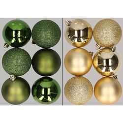 Foto van 12x stuks kunststof kerstballen mix van appelgroen en goud 8 cm - kerstbal