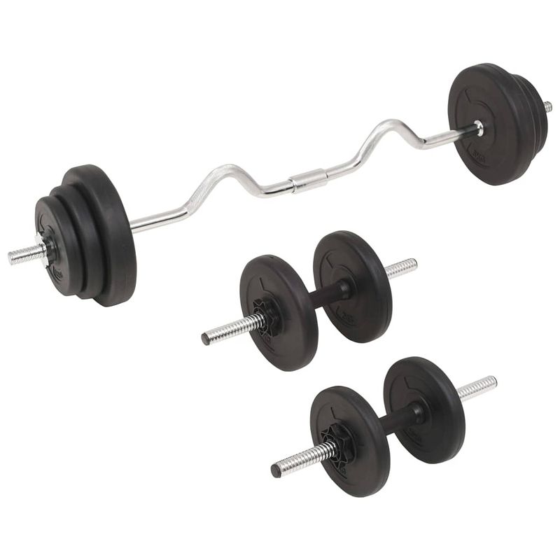 Foto van The living store halterset - 30 kg - cementen schijven - zwart - inclusief halterstang en dumbbell halters