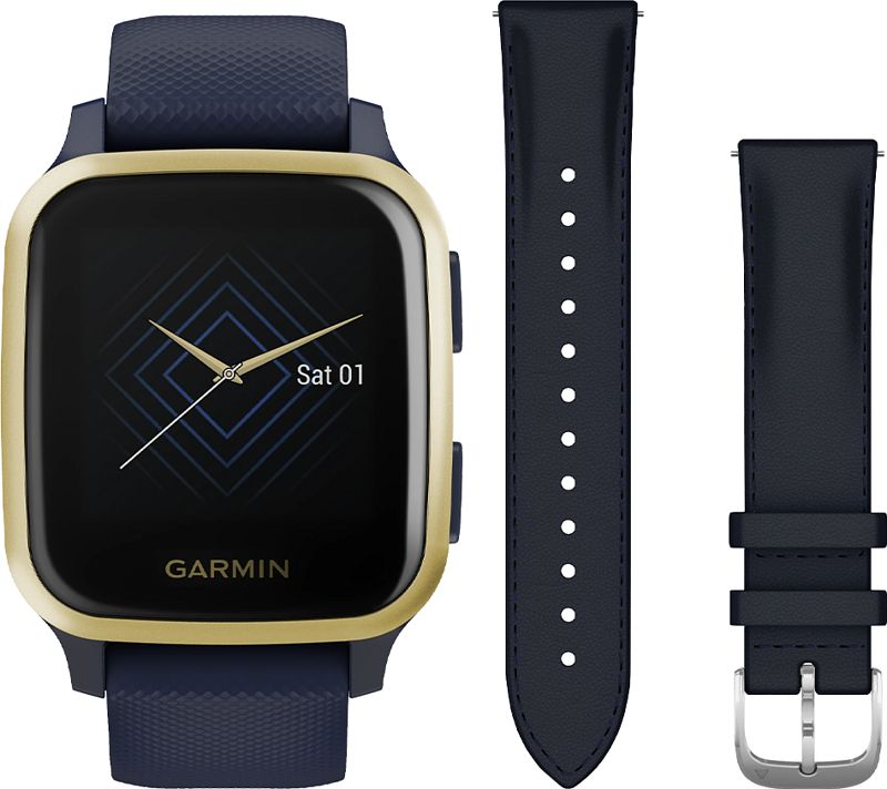 Foto van Garmin venu sq music blauw/goud + garmin leren bandje blauw