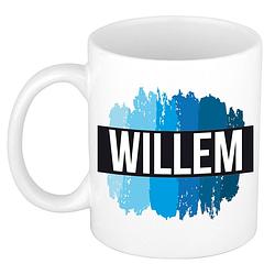 Foto van Naam cadeau mok / beker willem met blauwe verfstrepen 300 ml - naam mokken