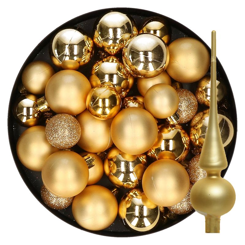 Foto van Kerstversiering kunststof kerstballen met piek goud 6-8-10 cm pakket van 49x stuks - kerstbal