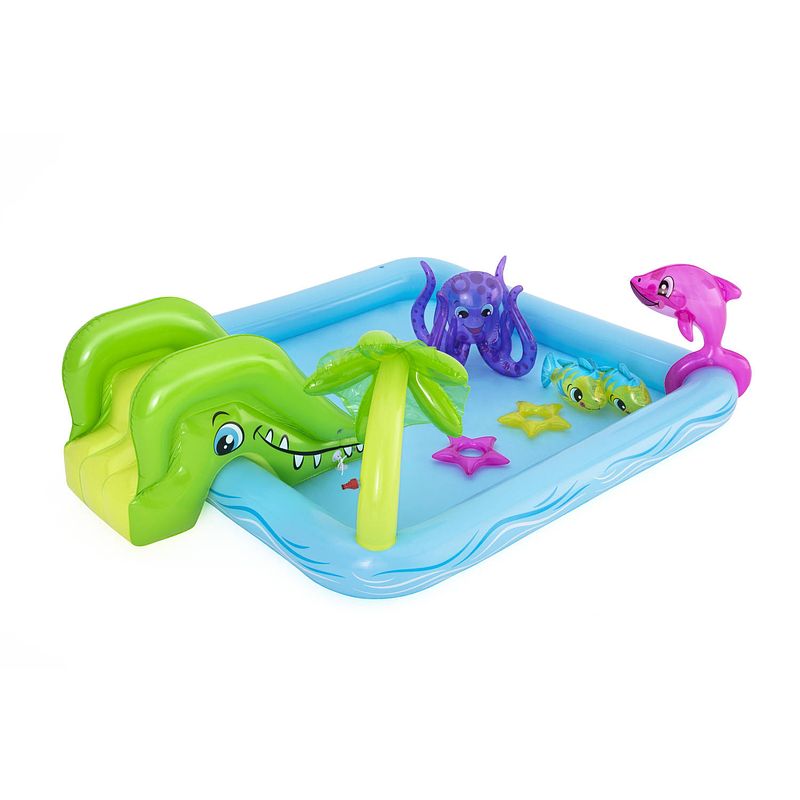 Foto van Bestway kinderzwembad met glijbaan - incl. opblaas waterspeelgoed - 239 x 206 x 86 cm - 308 l - waterdieren