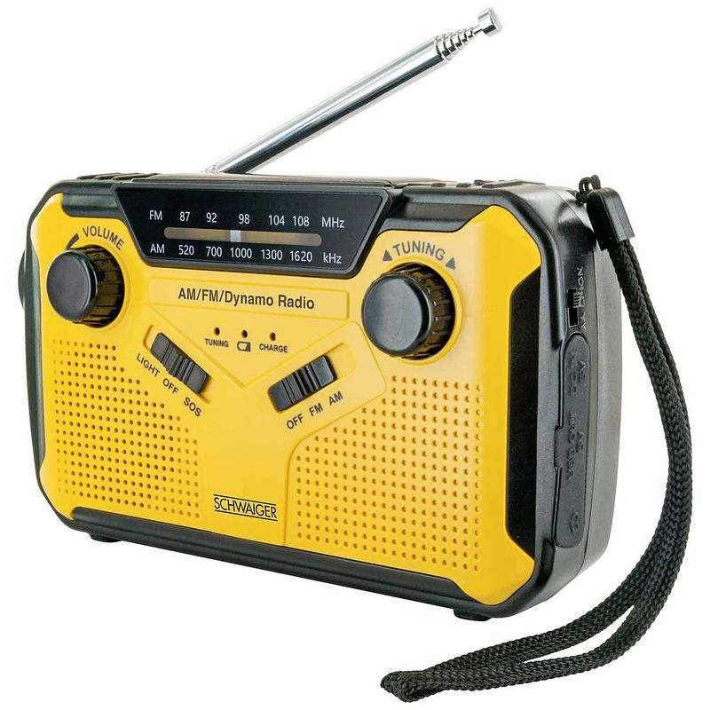 Foto van Schwaiger outdoorradio vhf (fm), am, fm handslinger, zonnepaneel, spatwaterbestendig, stofvast, zaklamp geel, zwart