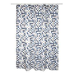 Foto van Msv douchegordijn met ringen - wit/blauw - mozaiek print - polyester - 180 x 200 cm - wasbaar - douchegordijnen