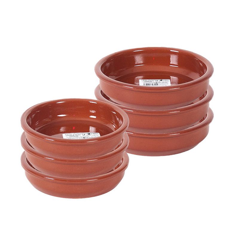 Foto van 6x terracotta tapas bakjes/schaaltjes 18 cm en 14 cm - snack en tapasschalen