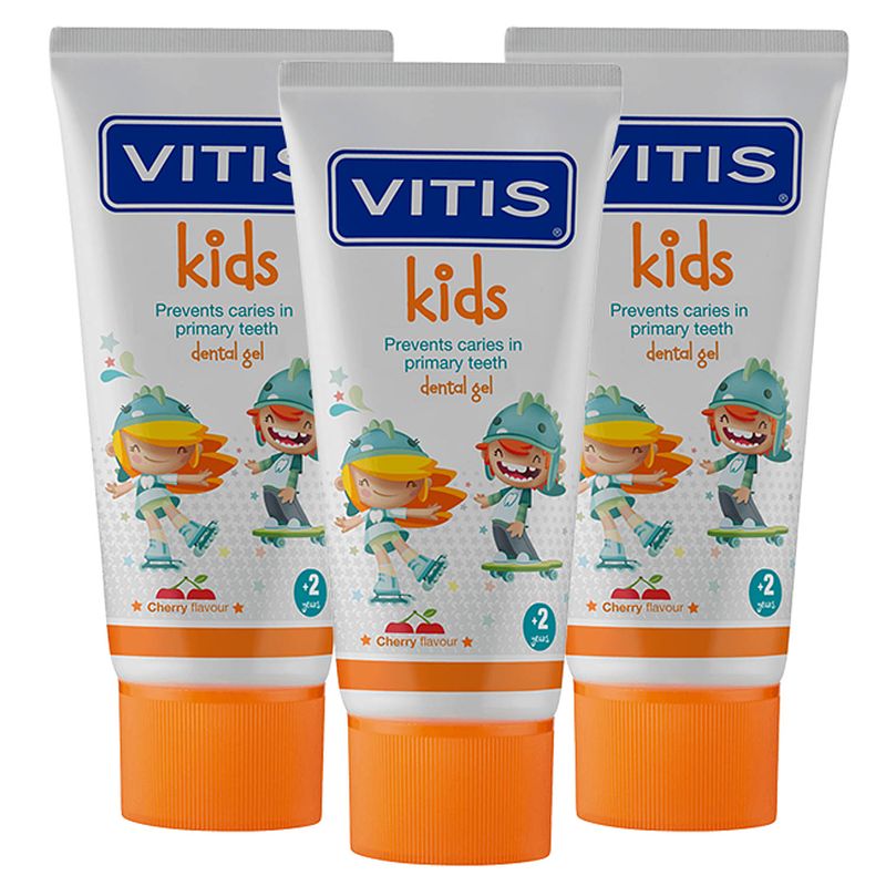 Foto van Vitis kids - tandpasta & gel - 2+ jaar - 3x50ml - kersen smaak - voordeelverpakking