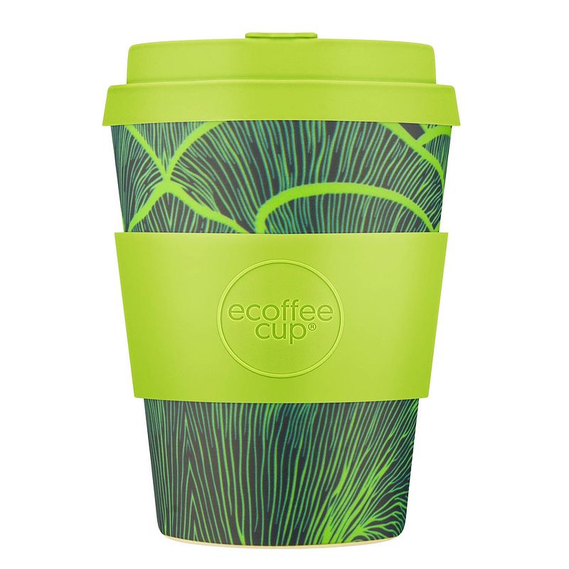 Foto van Ecoffee cup bloodwood pla - koffiebeker to go 350 ml - limoen groen siliconen