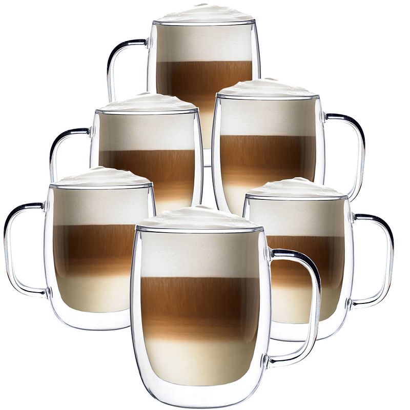 Foto van Luxe dubbelwandige theeglazen - cappuccinoglazen - latte macchiato glazen dubbelwandig met oor - 400 ml - set van 6