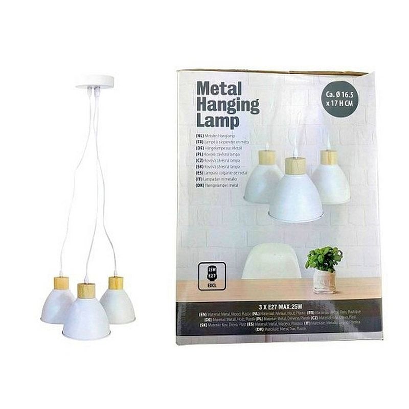 Foto van Metalen hanglamp met drie lampenkappen wit