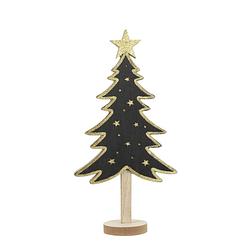 Foto van Kerstdecoratie houten decoratie kerstboom zwart met gouden sterren b18 x h36 cm - houten kerstbomen