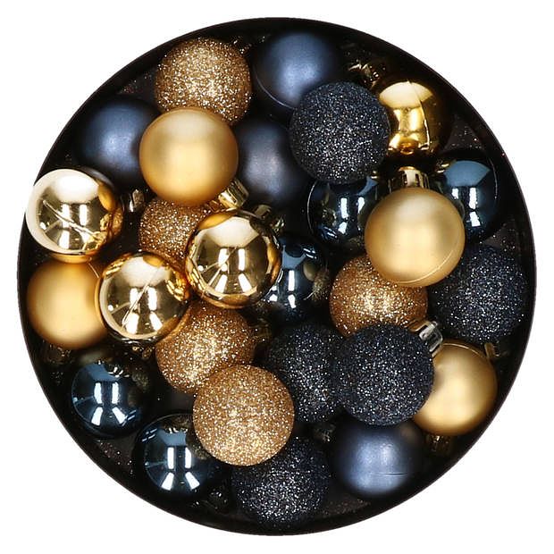 Foto van 28x stuks kunststof kerstballen goud en donkerblauw mix 3 cm - kerstbal