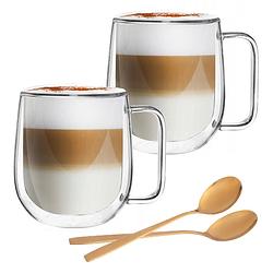 Foto van Dubbelwandige koffieglazen met oor - cappuccino glazen - 300 ml - 2 stuks + gratis lepels