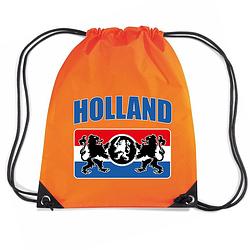 Foto van Holland met wapenschild nylon supporter rugzakje/sporttas oranje - ek/ wk voetbal / koningsdag - gymtasje - zwemtasje