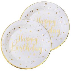 Foto van Verjaardag feest bordjes happy birthday - 20x - wit - karton - 22 cm - rond - feestbordjes