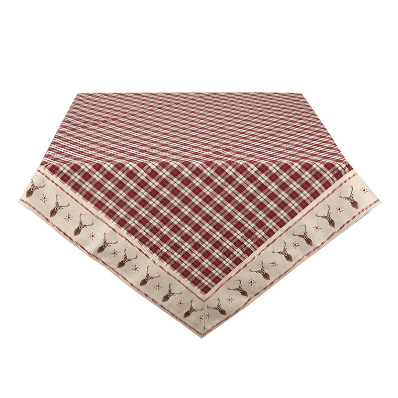Foto van Clayre & eef vierkant tafelkleed 150*150 cm rood beige katoen vierkant ruit hert tafellaken tafellinnen tafeltextiel