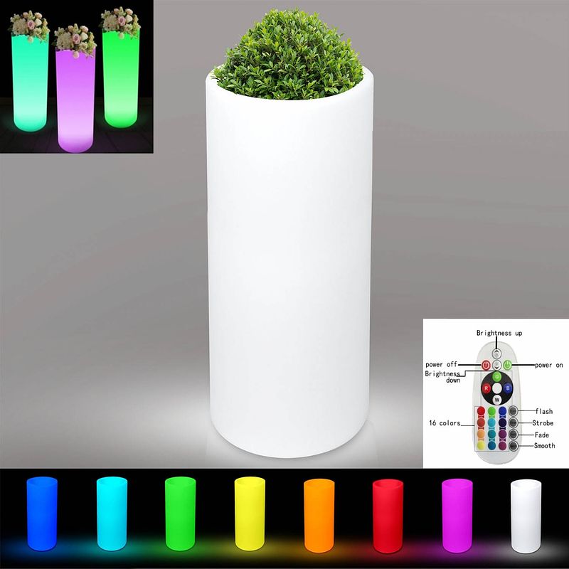 Foto van Plantenbak bloempot rond led verlichting 16 kleuren rgb wit 74 cm hoog oplaadbaar afstandsbediening