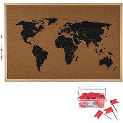 Foto van Prikbord wereldkaart met 20x punaise vlaggetjes rood - 60 x 40 cm - kurk - prikborden