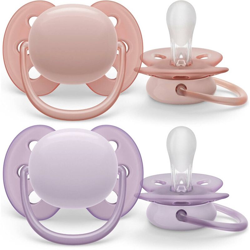 Foto van Philips avent ultra soft fopspeen - 0 tot 6 maanden - 2 speentjes - roze/paars