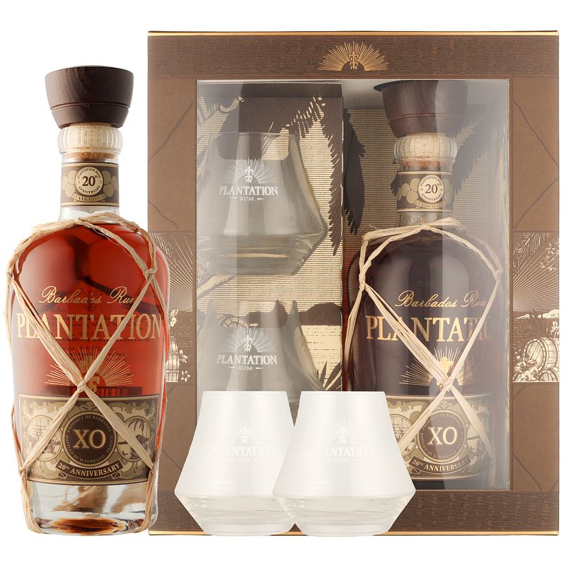 Foto van Plantation xo 20th anniversary + 2 glazen 0.7 liter rum