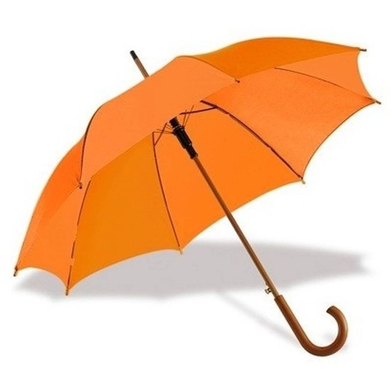 Foto van Oranje luxe paraplu met houten handvat in haakvorm 103 cm - paraplu - regen