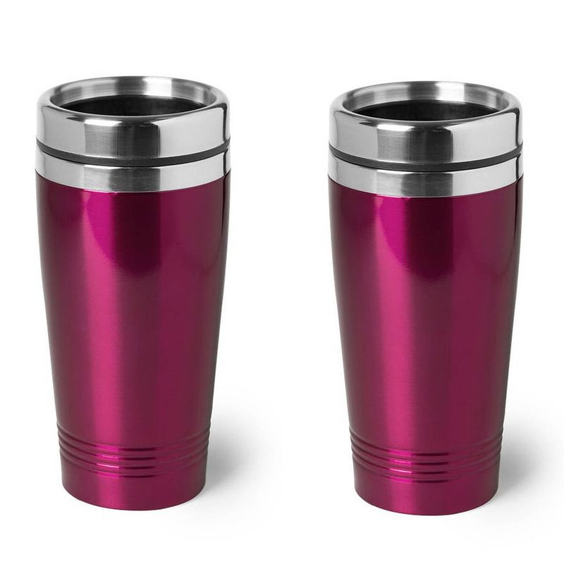 Foto van 2x stuks rvs warmhoudbeker/warm houd beker metallic fuchsia roze 450 ml - thermosbeker