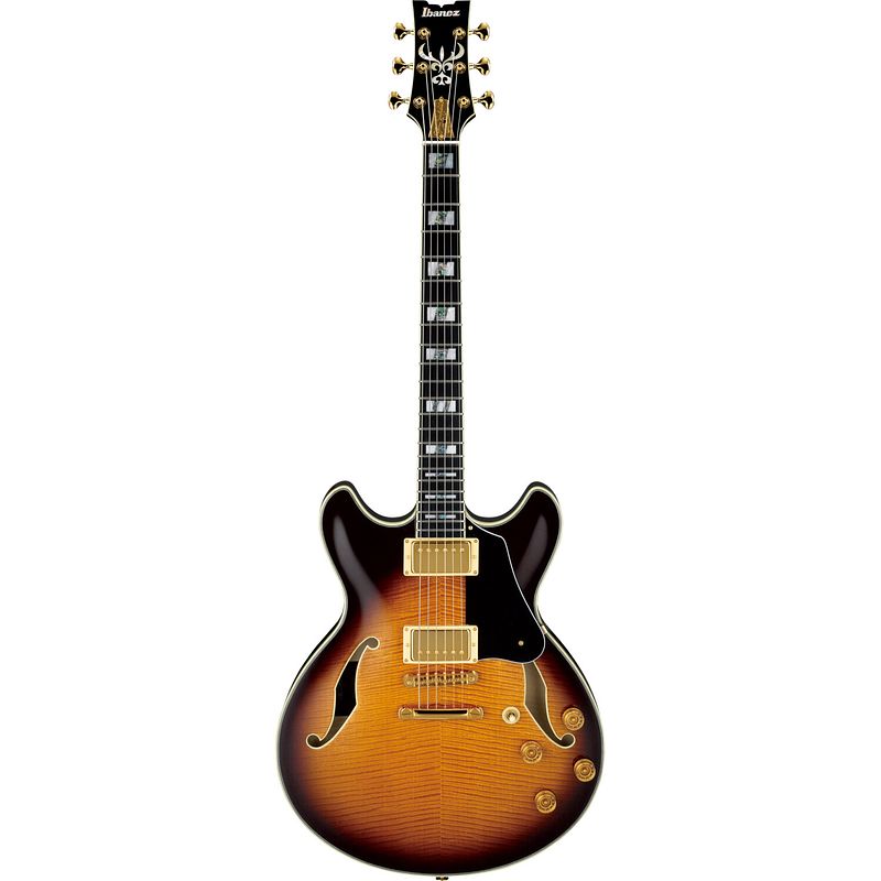 Foto van Ibanez jsm100 vintage sunburst john scofield signature semi-akoestische gitaar met koffer