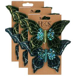Foto van 6x stuks kunststof decoratie vlinders op clip groen/blauw 10 x 15 cm - kunstbloemen