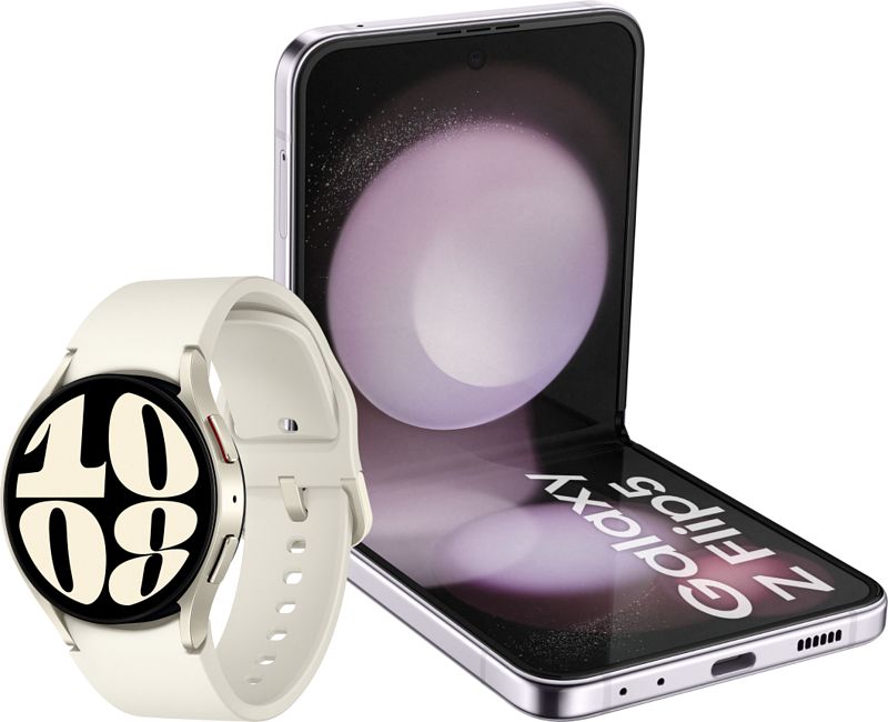 Foto van Samsung galaxy z flip 5 256gb paars 5g + galaxy watch 6 goud/crème 40mm