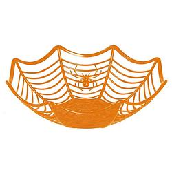 Foto van Halloween trick or treat snoepschaal spinnenweb - oranje - kunststof - 28 x 8 cm - feestdeurdecoraties
