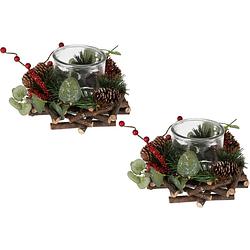 Foto van Set van 2x stuks kerststukjes met theelichthouder en decoratie 20 x 12 cm kerst tafeldecoratie - kerststukjes